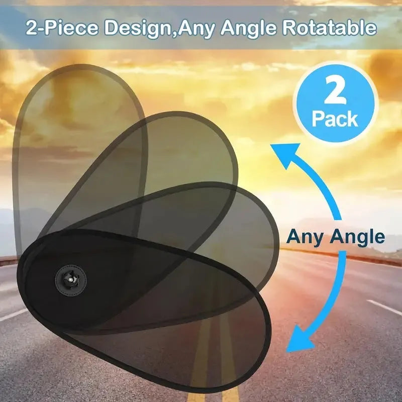 Black adjustable car side window sunshade with suction cups stretched over glass