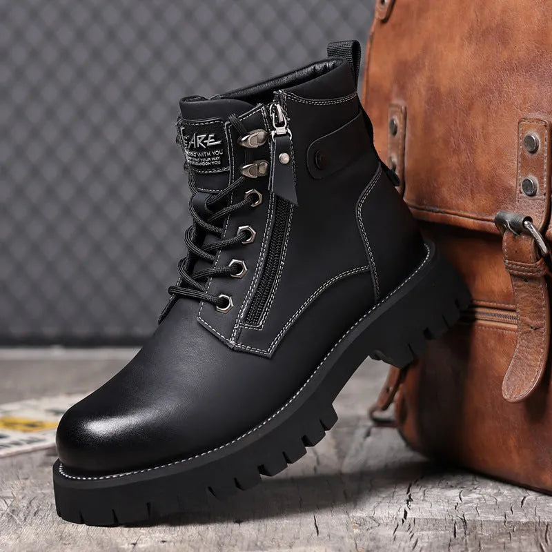 Men's brown high-top leather boots with side zipper and mid heel