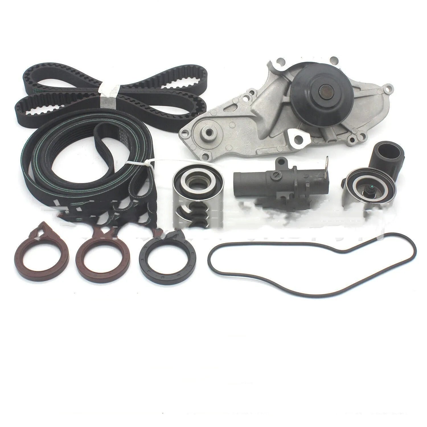 Metal automotive belt and water pump assembly components for engine cooling system repairs