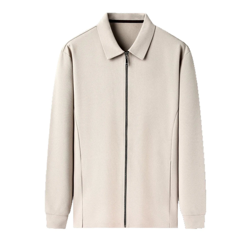 Men's apricot-coloured polyester business jacket with long sleeves and a straight hem on a hanger.