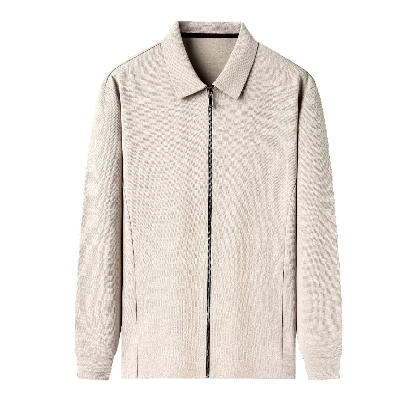 Men's apricot-coloured polyester business jacket with long sleeves and a straight hem on a hanger.
