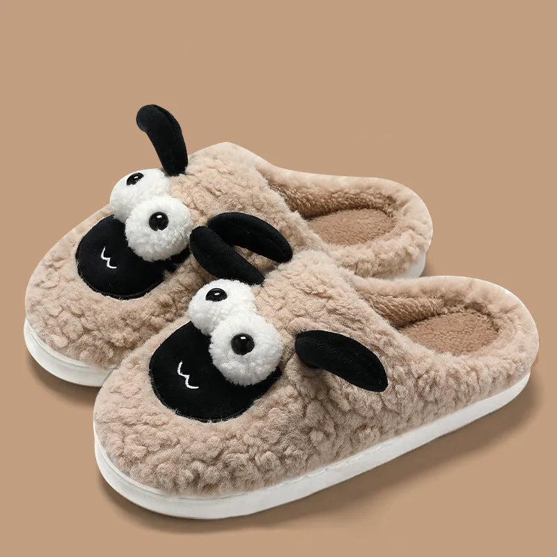 Brown suede slip-on slippers with a thermal cotton lining and a light PVC sole.