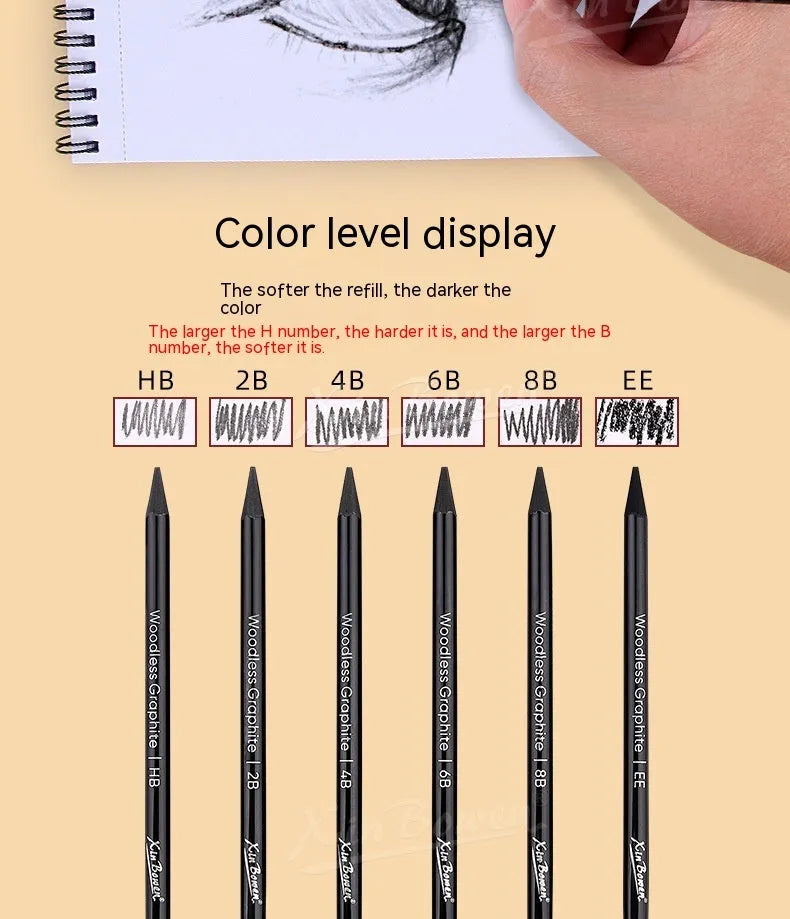Wood-free graphite sketching pencil set with six different grade pencils for art drawing