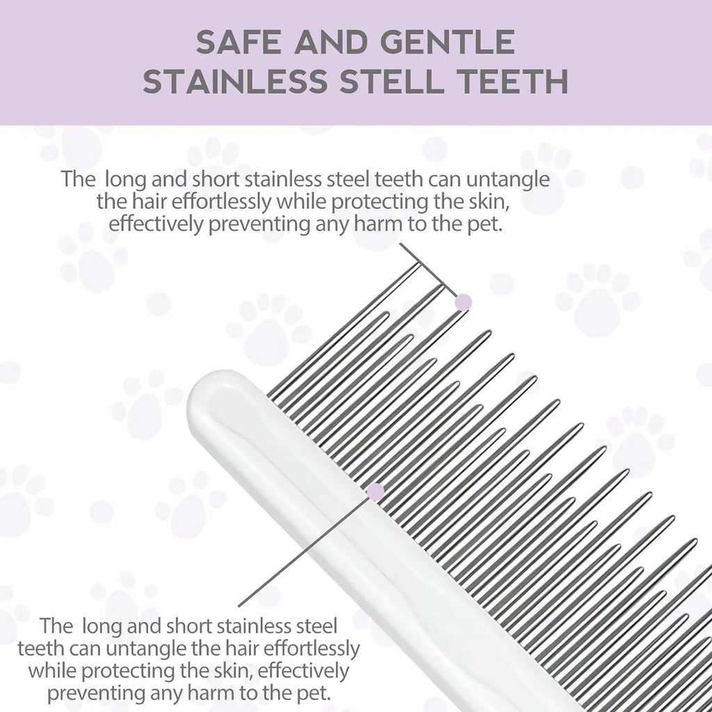 Purple pet detangling comb with stainless steel teeth shown on a dark background