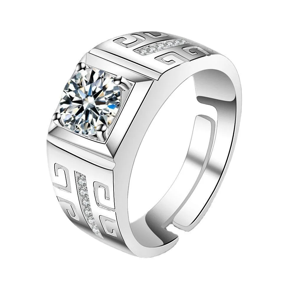 Large square diamond design on an adjustable copper men's ring with a gold or platinum finish.
