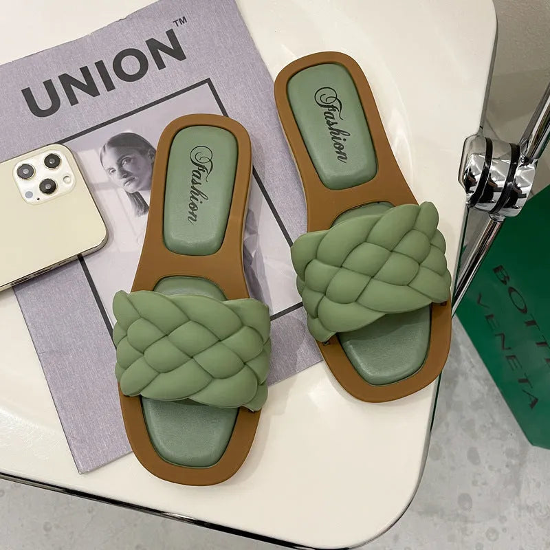 Women's anti-skid thick sole beach sandals in PVC material showing plaid pattern options