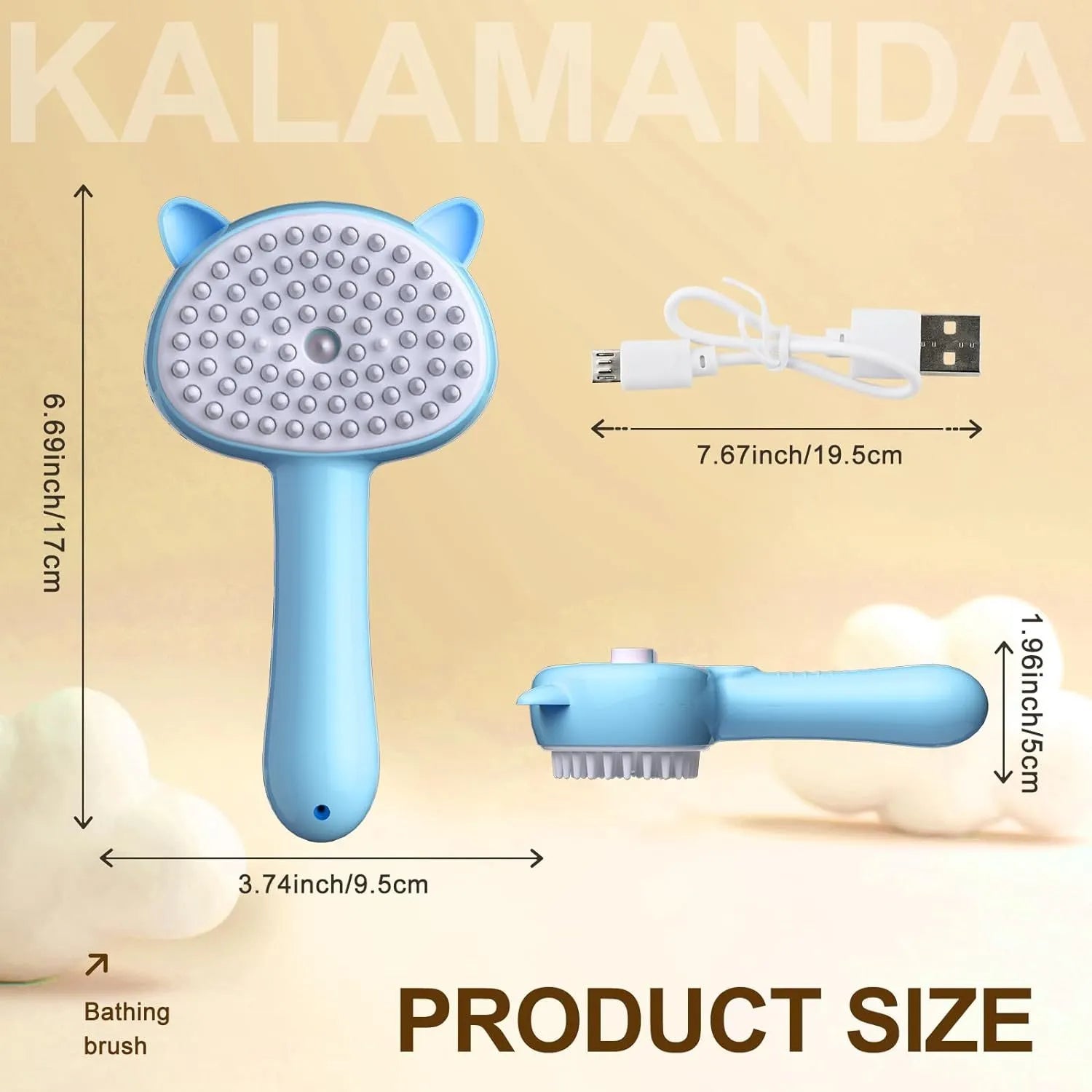Blue cat ear-shaped pet grooming brush with rubber bristles and misting function