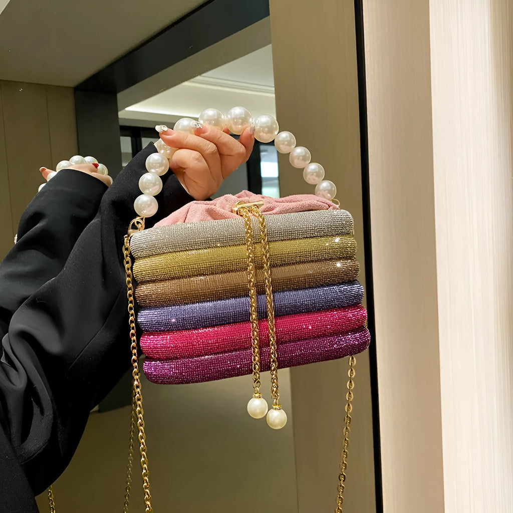 Women's retro pearl beaded crossbody bag in soft PU with round shape and single shoulder strap