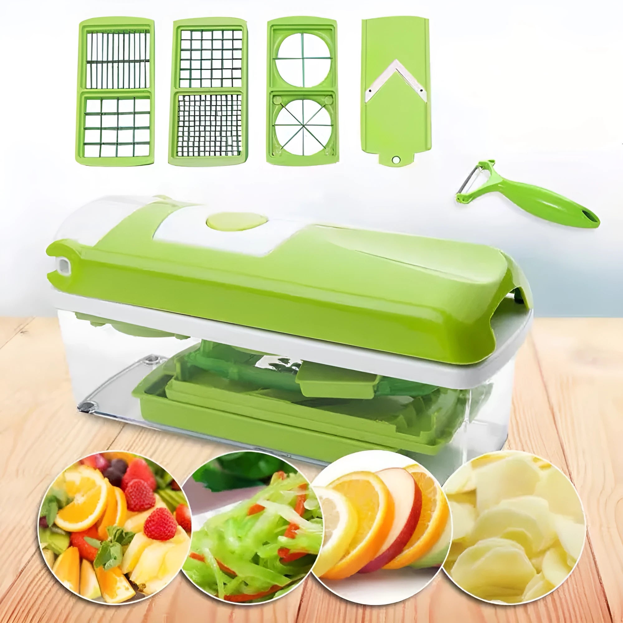Green manual food chopper with stainless steel blades and plastic body on a kitchen worktop.