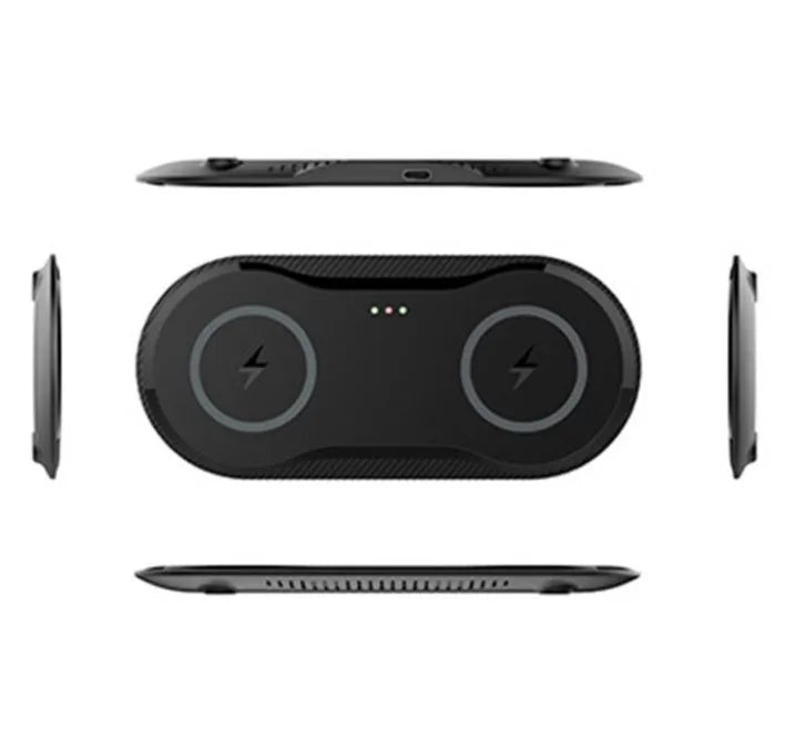 Black and white dual Qi wireless charging pad charging two smartphones simultaneously