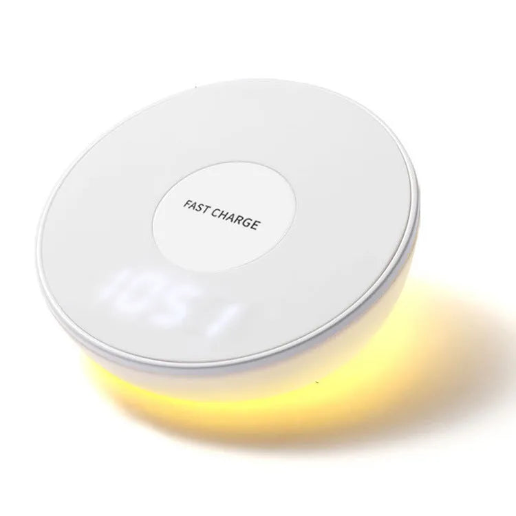 White wireless phone charger with digital clock display and alarm function
