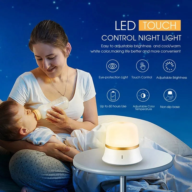 White bedside nursing night light with touch controls showing dimming and colour options