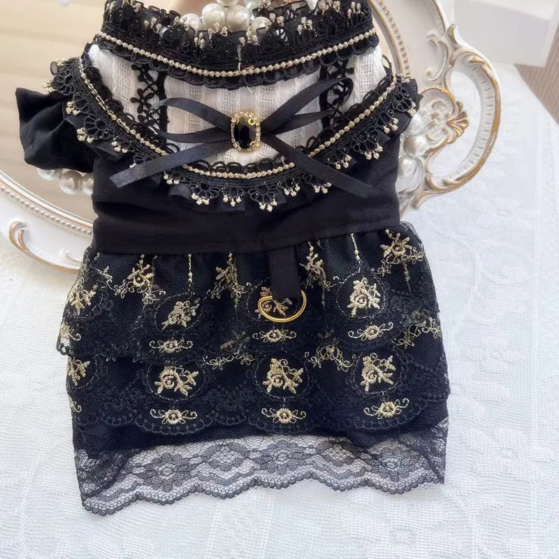 Golden Gothic princess skirt costume for a small dog or cat on a mannequin