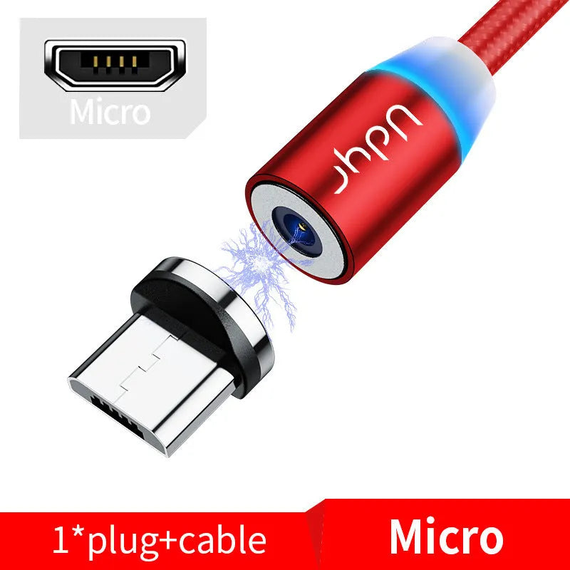 Black magnetic data cable with detachable Android, Apple, and TYPE-C connector heads in 1 metre length