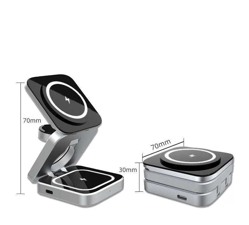 Three-in-one desktop wireless charging bracket for Apple, Samsung and Google Pixel devices with folding design