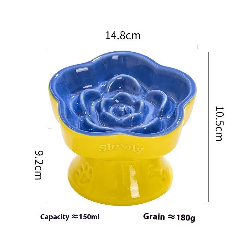 Black ceramic pet bowl with high foot neck protector for anti-tumble feeding