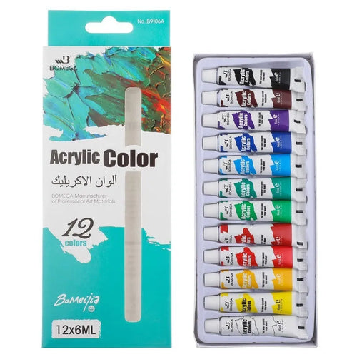 Set of 12-colour paint tubes for acrylic, gouache, watercolour, oil, glass, and textile painting organised in strips.