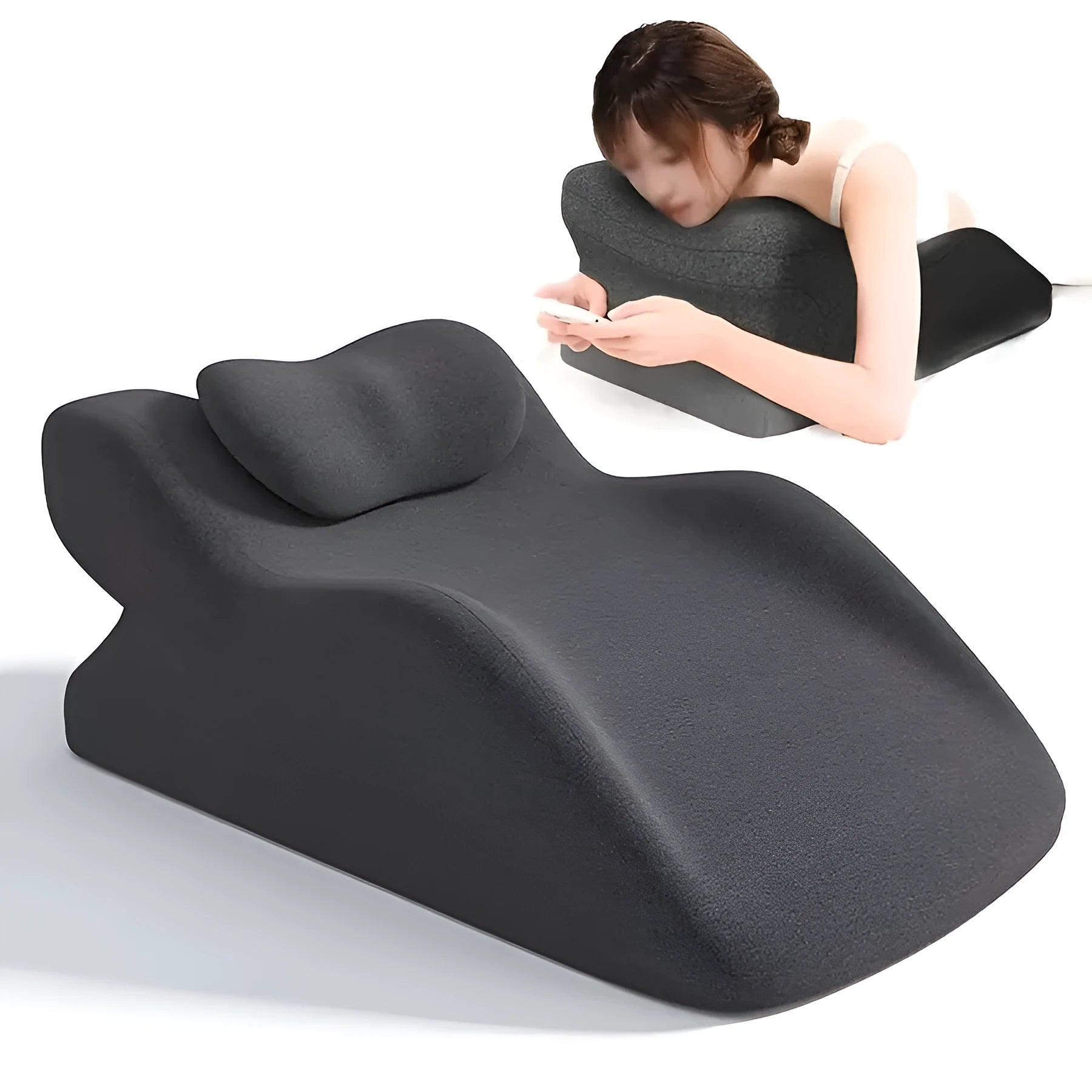 Stomach sleeping pillow for reading in bed shown in blue colour option