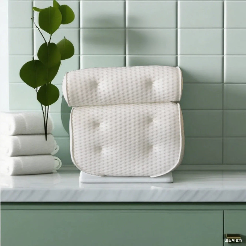 White bathtub pillow with 4D mesh fabric and 7 suction cups on a 3D material base.