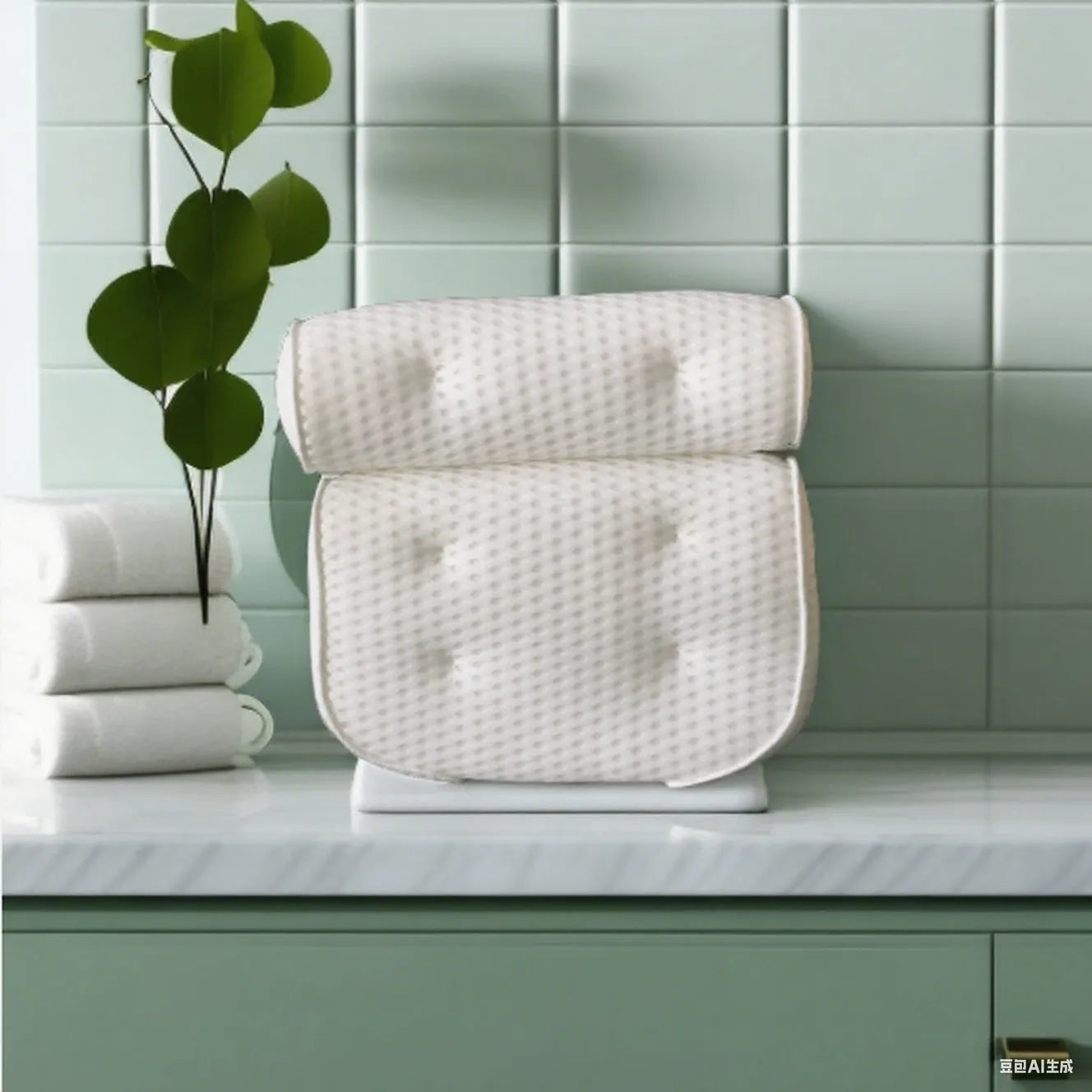 White bathtub pillow with 4D mesh fabric and 7 suction cups on a 3D material base.