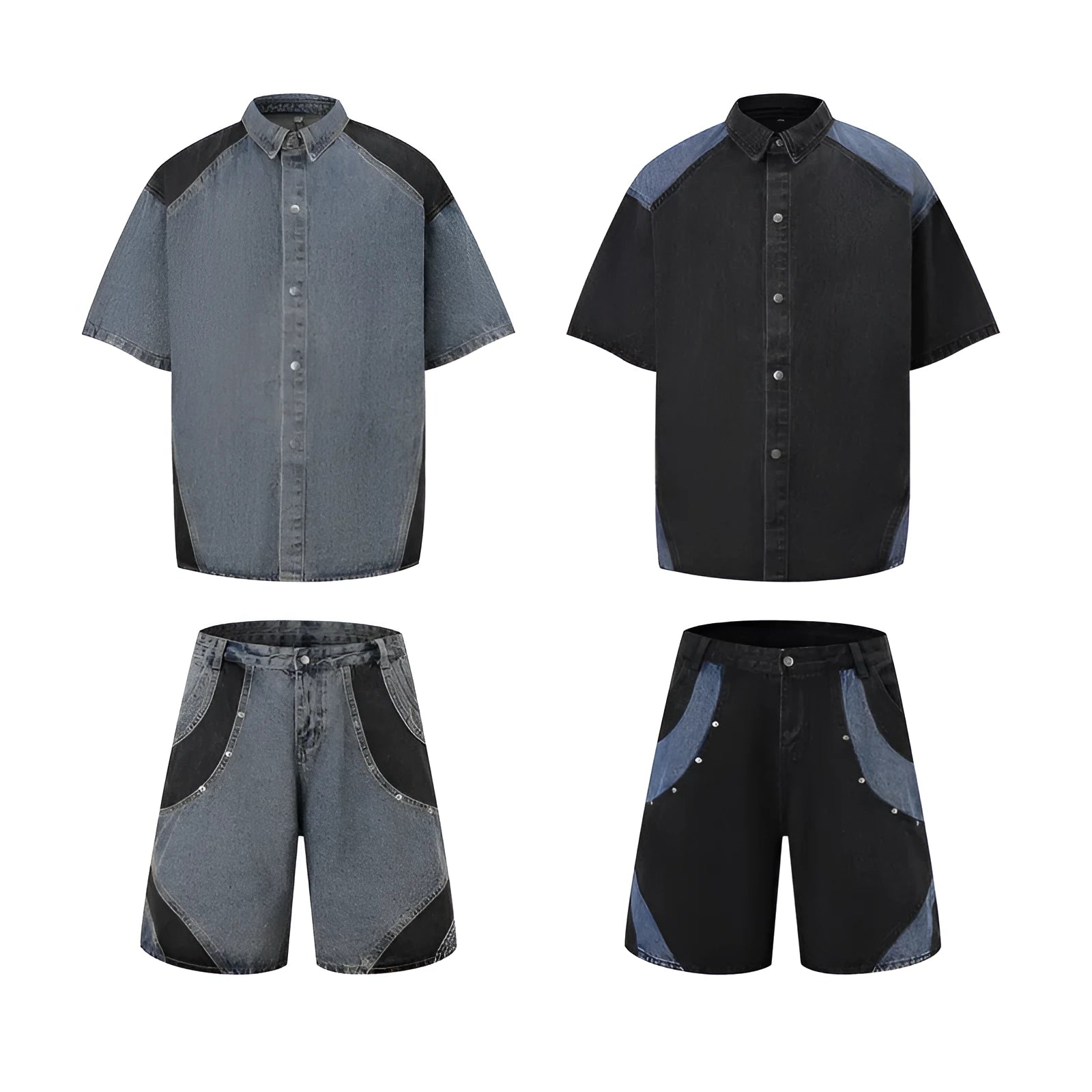 Retro washed denim jeans suit comprising a short-sleeved jacket and full-length trousers in blue