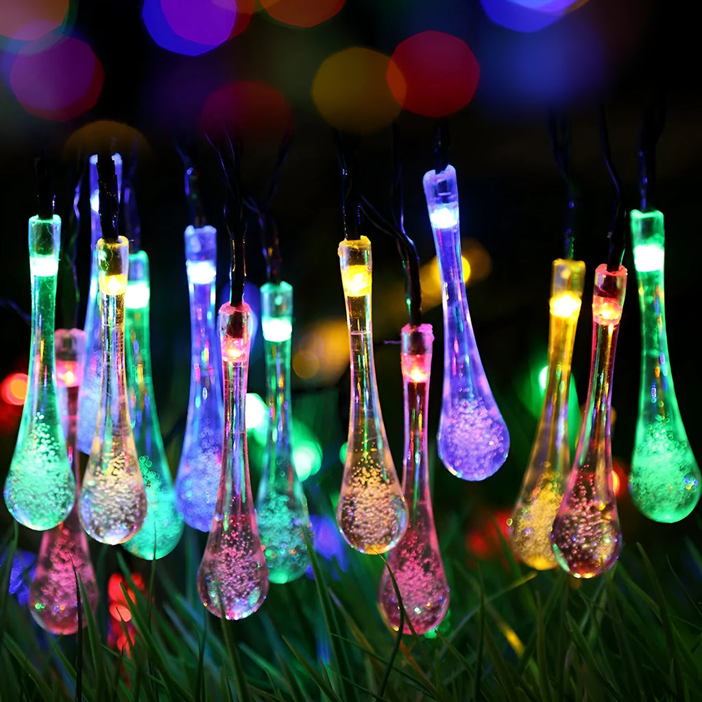Solar-powered outdoor LED string lights with bubble drop pendants on 6.5 metre cable
