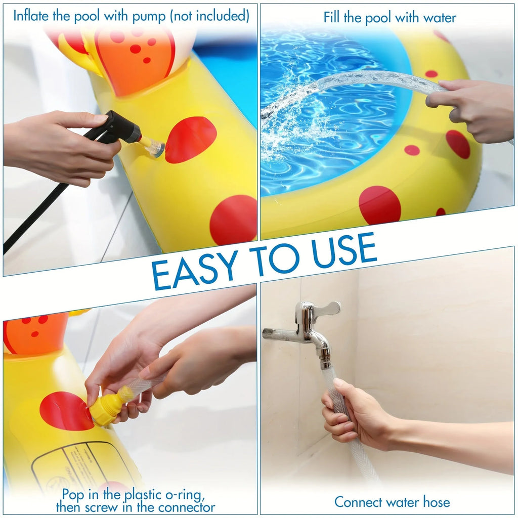 Blue dinosaur water spray pool with built-in splash nozzles for kids' outdoor play