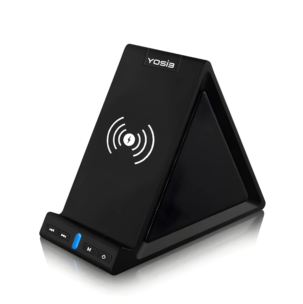 Black multifunctional Bluetooth speaker and wireless charger with built-in mobile phone stand.