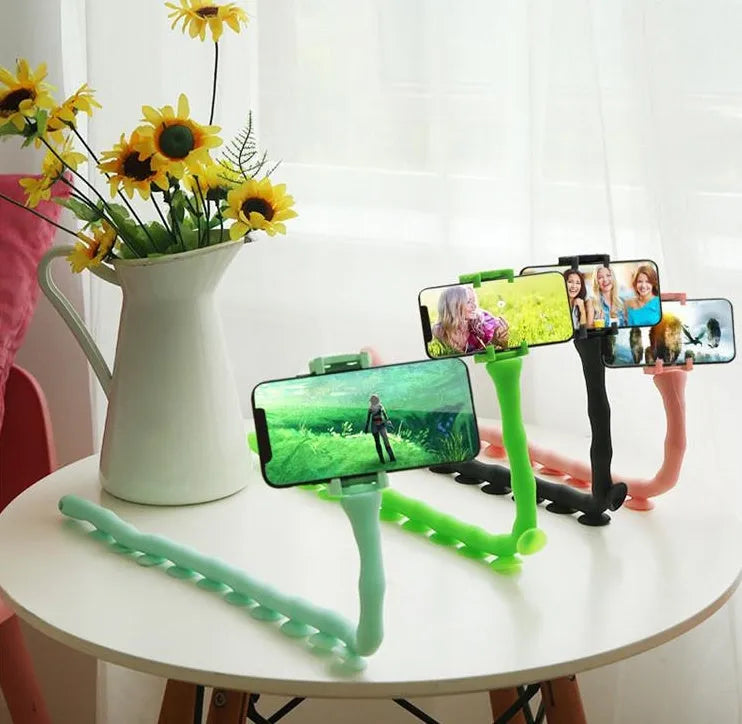 Flexible rubber phone holder with suction cup showing 62cm bendable arm in black colour