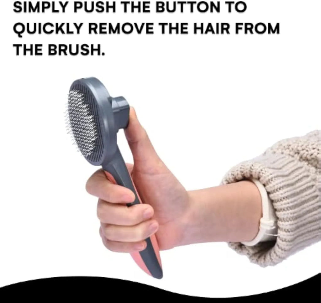 A grey self-cleaning slicker brush for grooming dogs, cats, and rabbits on a plain background.