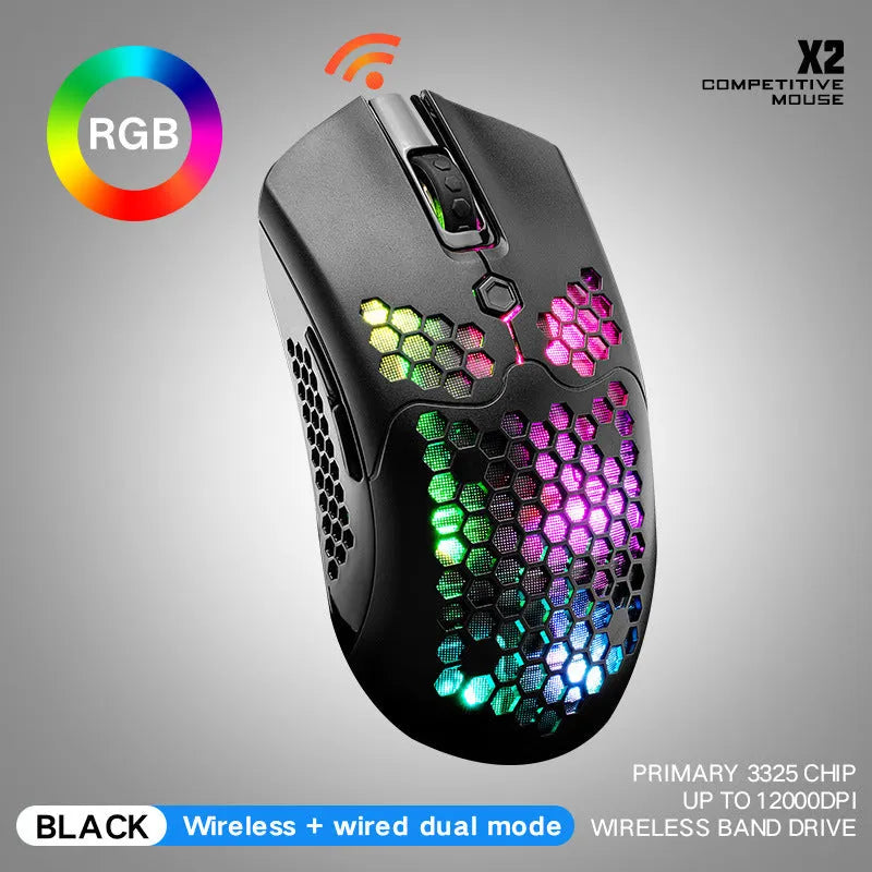 Free Wolf X2 dual-mode wireless gaming mouse with RGB lighting in black, green, pink, white, and yellow colour options