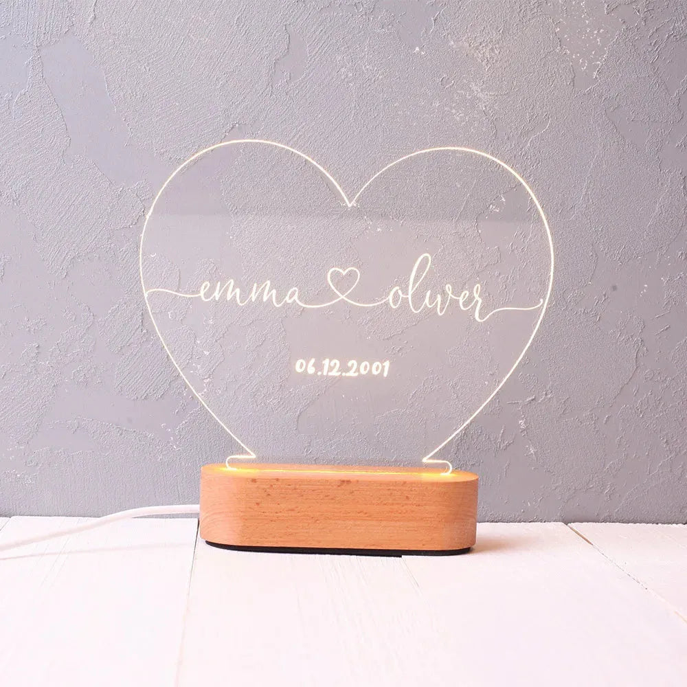 Custom personalised night light with names and date for Valentine's Day anniversary gift