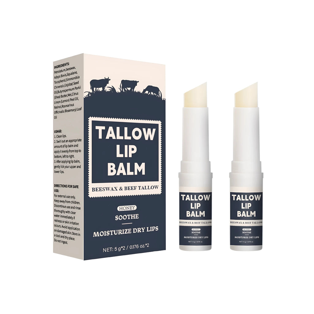 Two beef tallow lip balms with light grain formula for soft, moisturised lips
