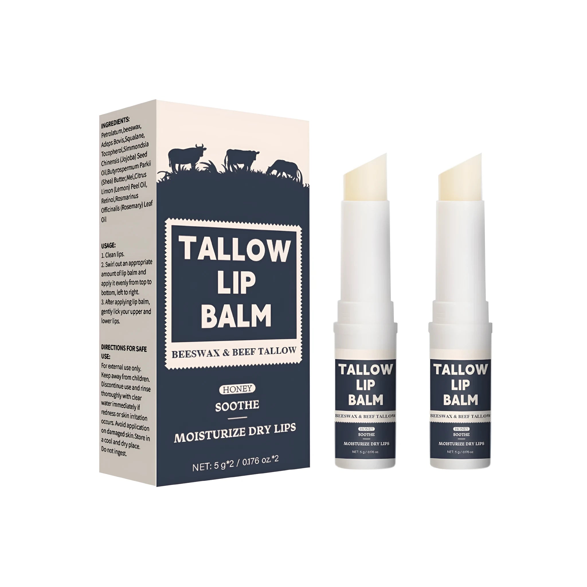 Two beef tallow lip balms with light grain formula for soft, moisturised lips