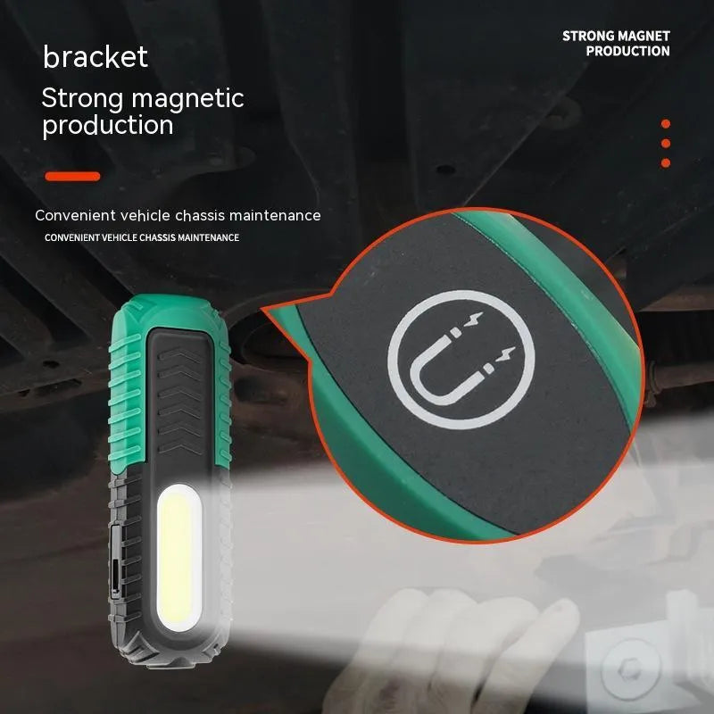 Black and green PET-coated auto repair work light with USB charging port and compact 165mm design