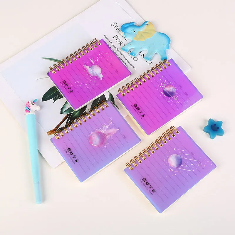 Spiral bound A7 pocket notepad with PP cover shown in Constellation, Sakura, Universe, and Ocean design options.
