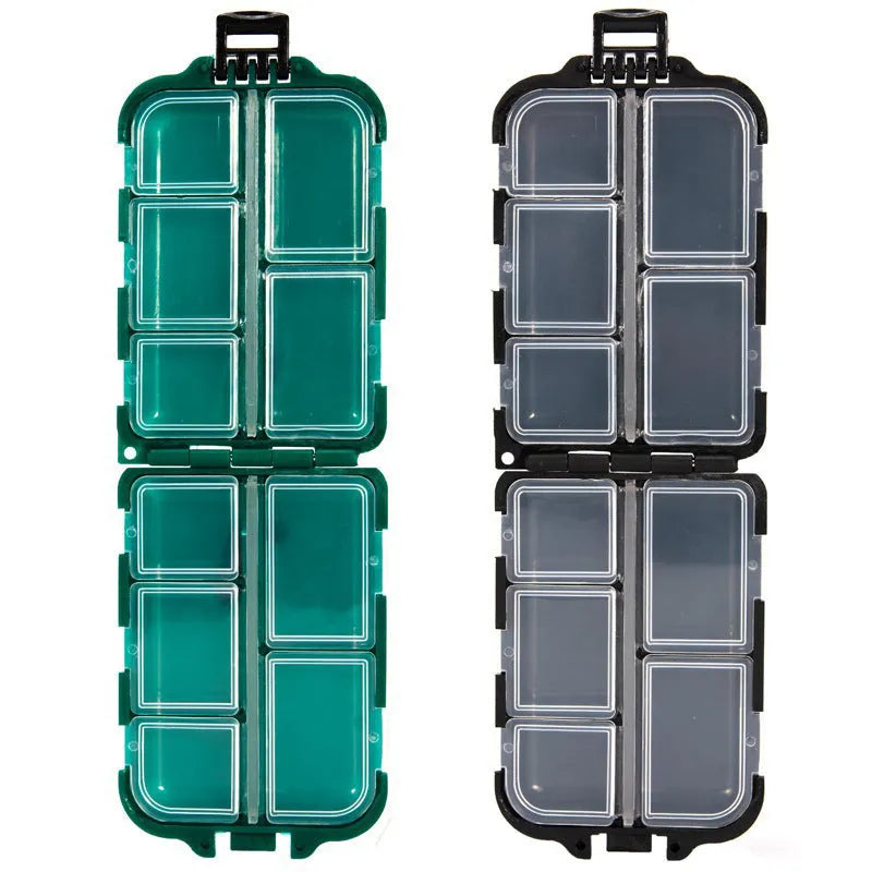 Plastic fishing tackle storage box with 10 grid compartments in black, blue or green