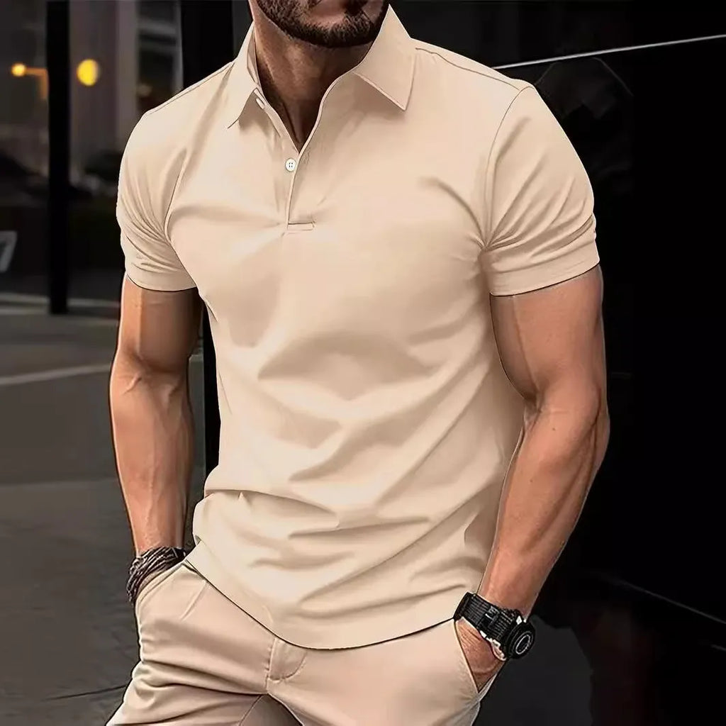 Men's slim fit solid colour button short sleeve shirt on a hanger