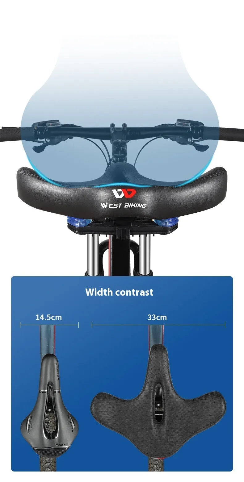 Black leather bicycle seat cushion with thick polyurethane foam padding for shock absorption.