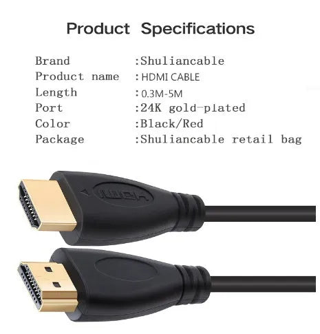 Gold-plated male-male HDMI high-speed cable in multiple lengths for HDTV and gaming consoles.