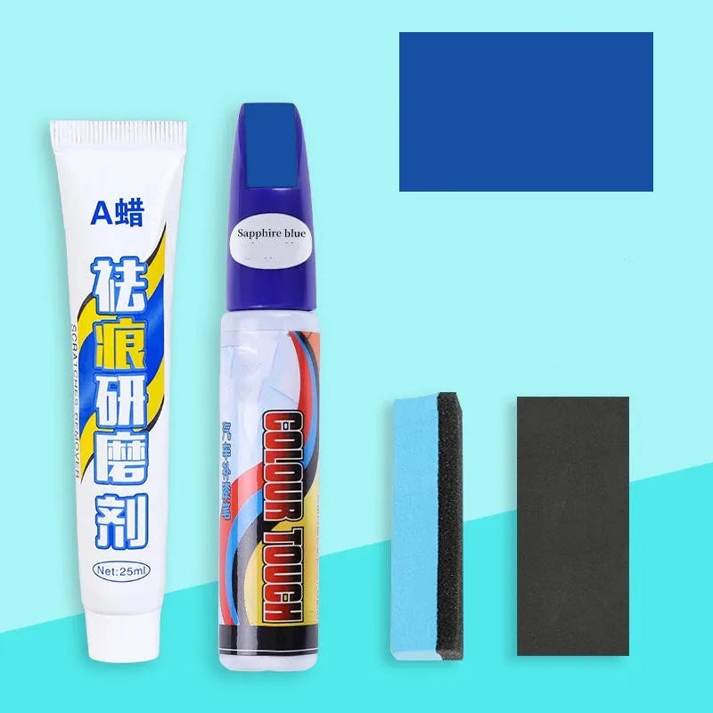 Automotive scratch repair kit with paint pen, wax tube, sponge, and sandpaper for DIY car paint touch-up.