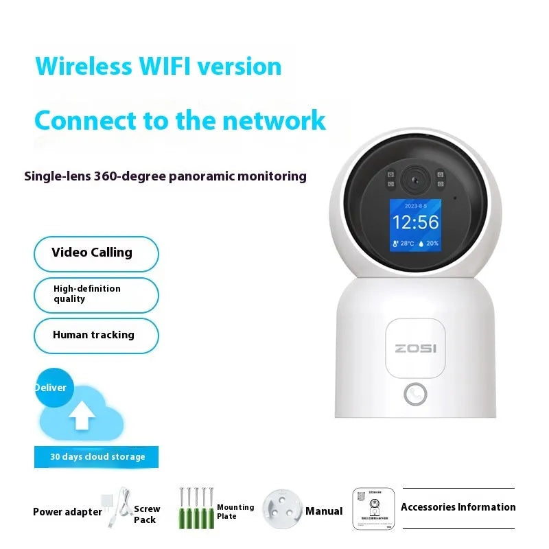 Zhou Shi wireless indoor security camera with large screen and plastic shell on a screw-fixed bracket.