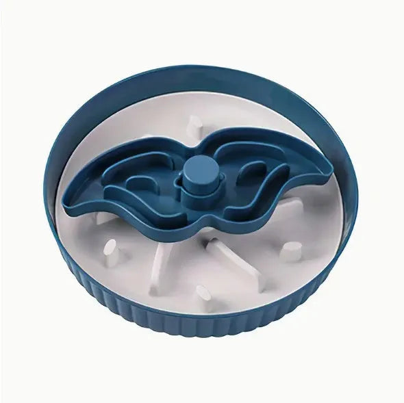 Plastic pet slow feeder bowl with a blue silicone windmill-pattern licking mat inside.