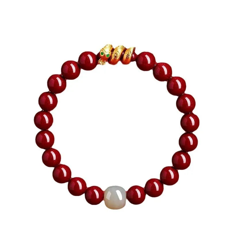 Handmade cinnabar snake zodiac bracelet with Chinese styling in 6mm or 8mm bead sizes