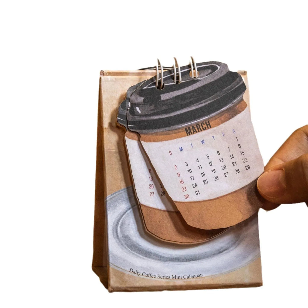 Mini paper desk calendar for 2025 with coffee theme and simple modern design