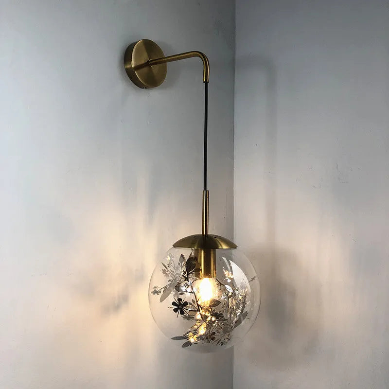 Modern glass bedside wall lamp in Golden Flower finish with LED lighting, 20cm size