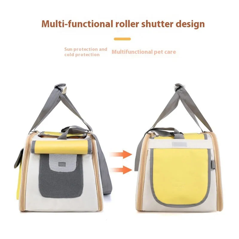 Yellow foldable canvas pet carrier bag with single shoulder strap, shown open.