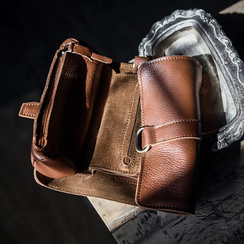 Handmade cow leather vintage wallet in black or dark brown with tape extraction closure