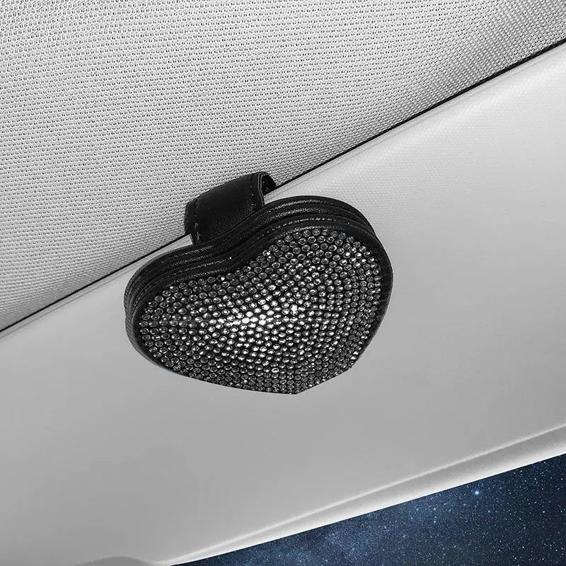 Diamond-encrusted leather car clip for sunglasses and documents with magnetic sun visor attachment