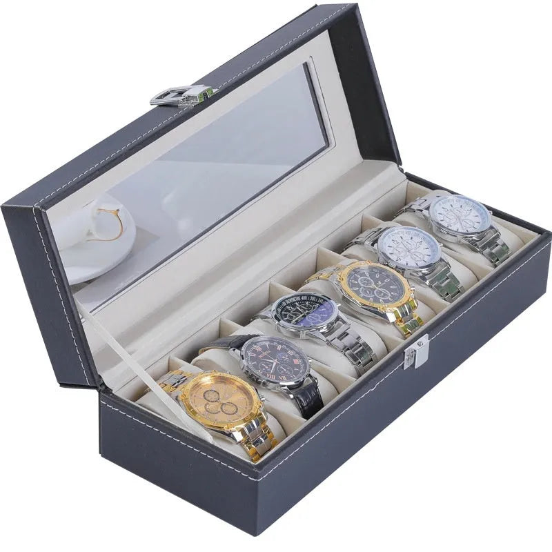 Grey high-grade leather watch storage box with see-through dustproof lid, showing watch slots inside.